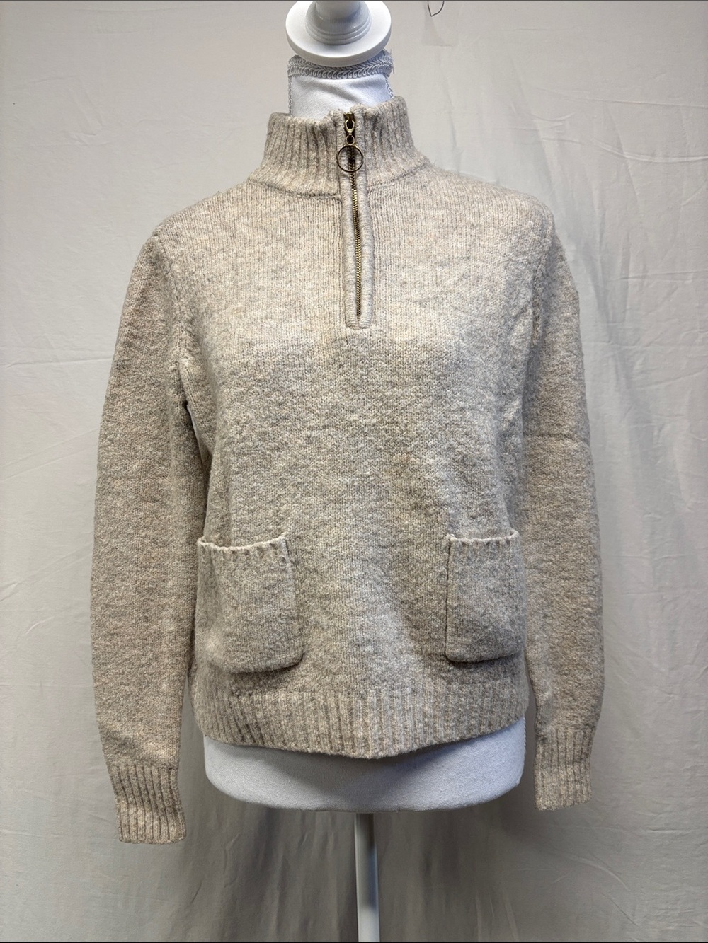 Marled Cream Half-Zip Pocket Turtleneck Sweater